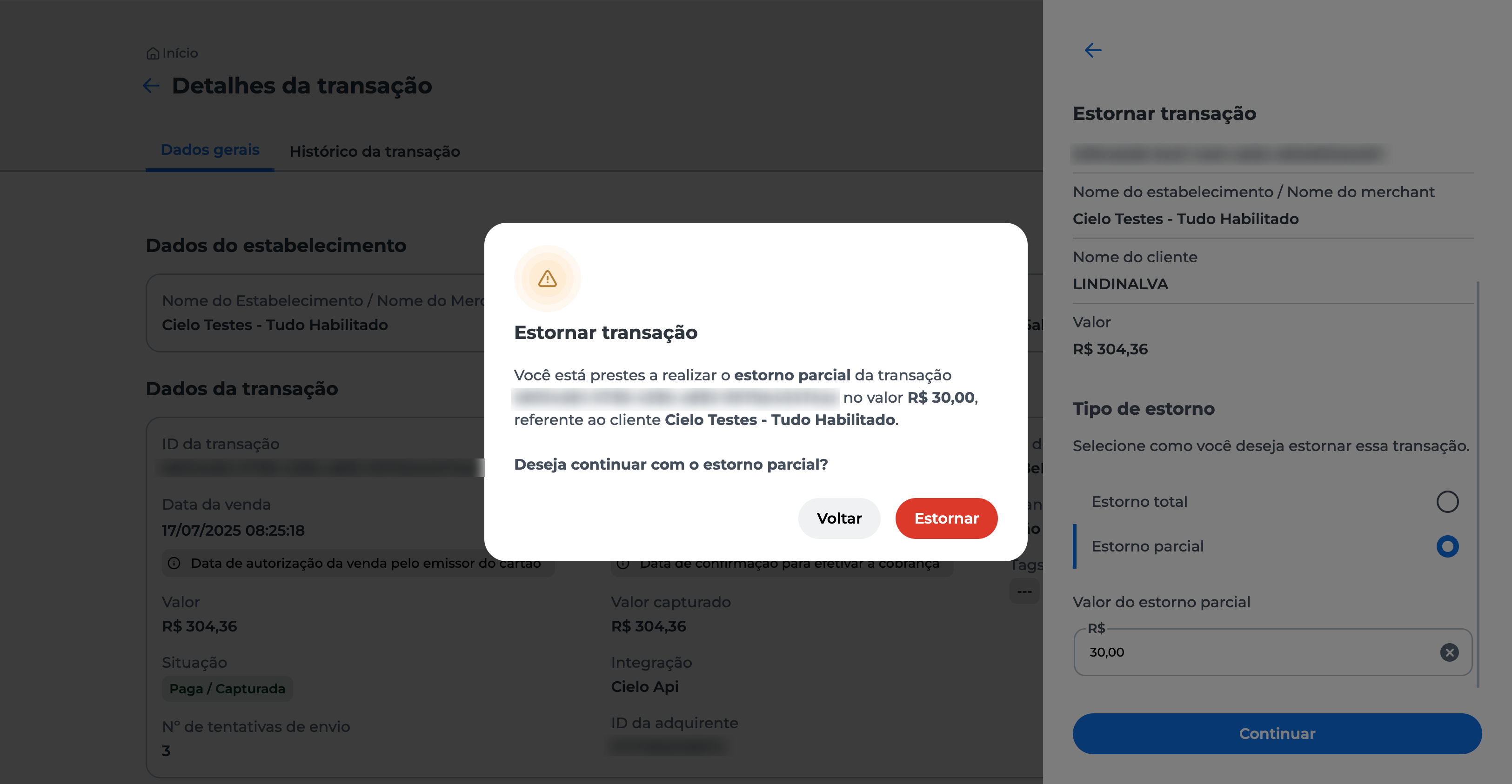 Tela de confirmação do estorno exibida; opção "Estornar" disponível para confirmar e seguir com o processo de cancelamento da transação.