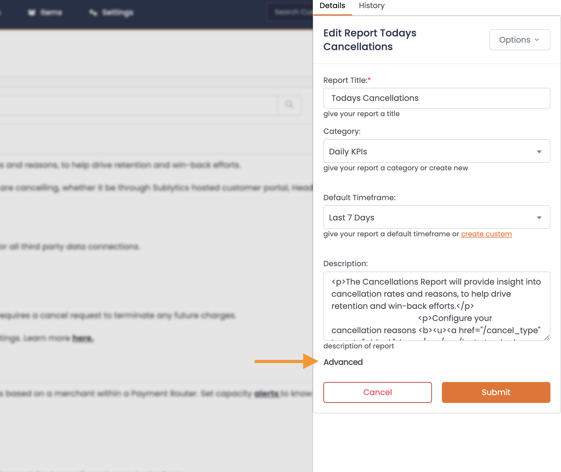 Advanced settings for a report