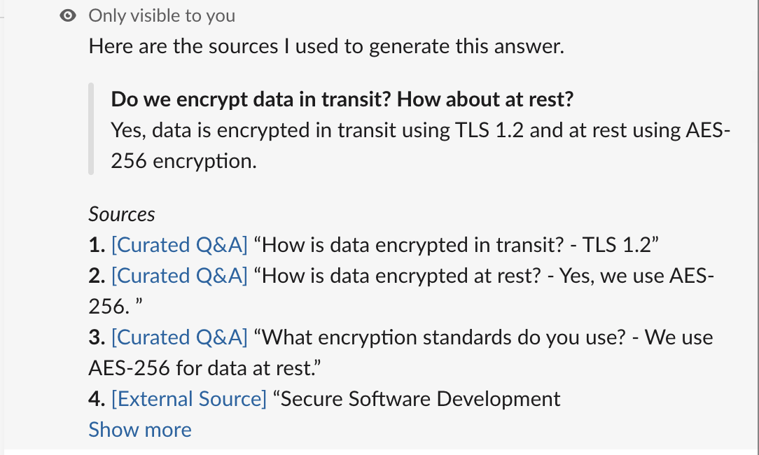 An ephemeral Slack message visible only to you titled 'Here are the sources I used to generate this answer,' listing numbered sources tagged [Curated Q&A] and [External Source], with a Show more link.