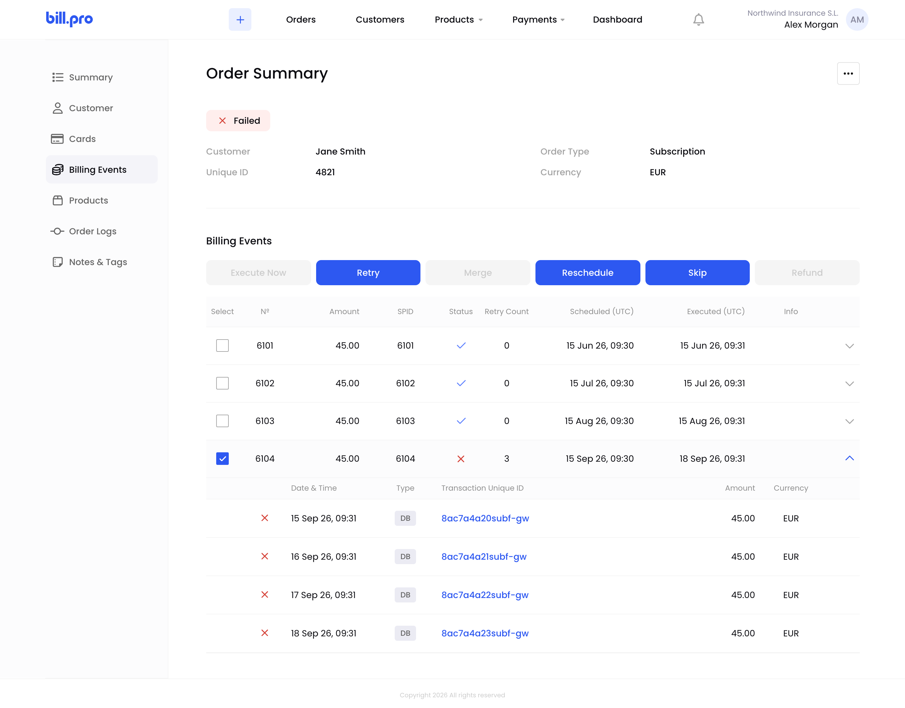 A soft-declined subscription payment selected, with Retry available