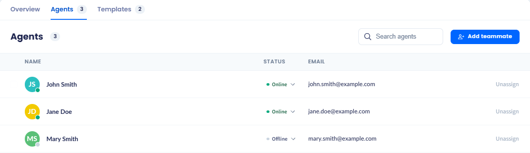 Screenshot of the Agents tab showing the agent list with name, status, and email columns, the Search agents field, and the Add teammate button