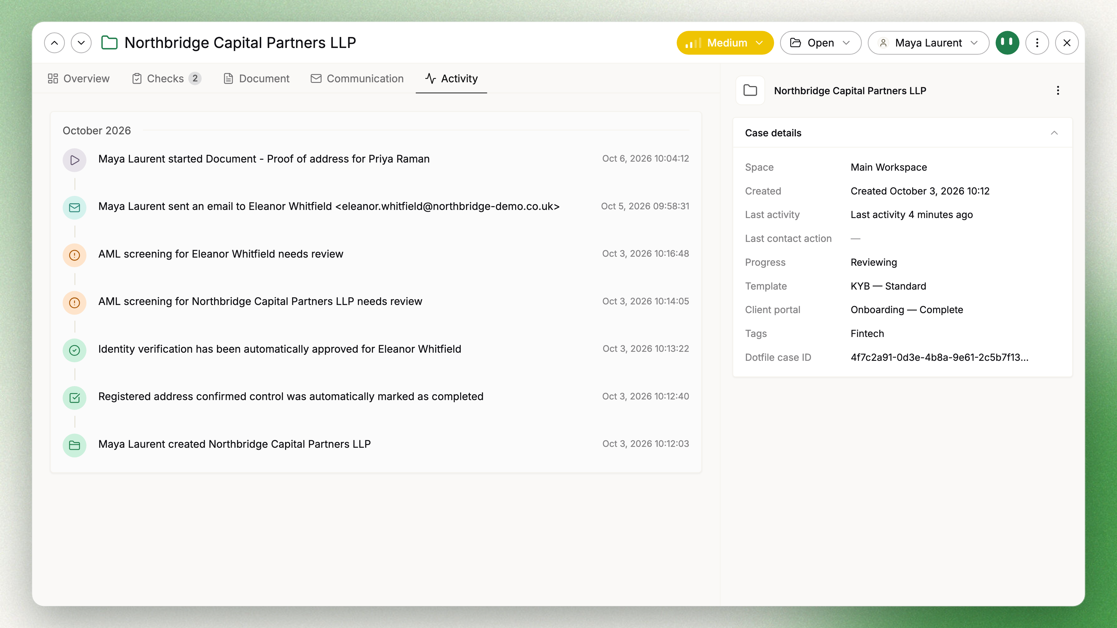 The Activity tab: every action on the case, in order