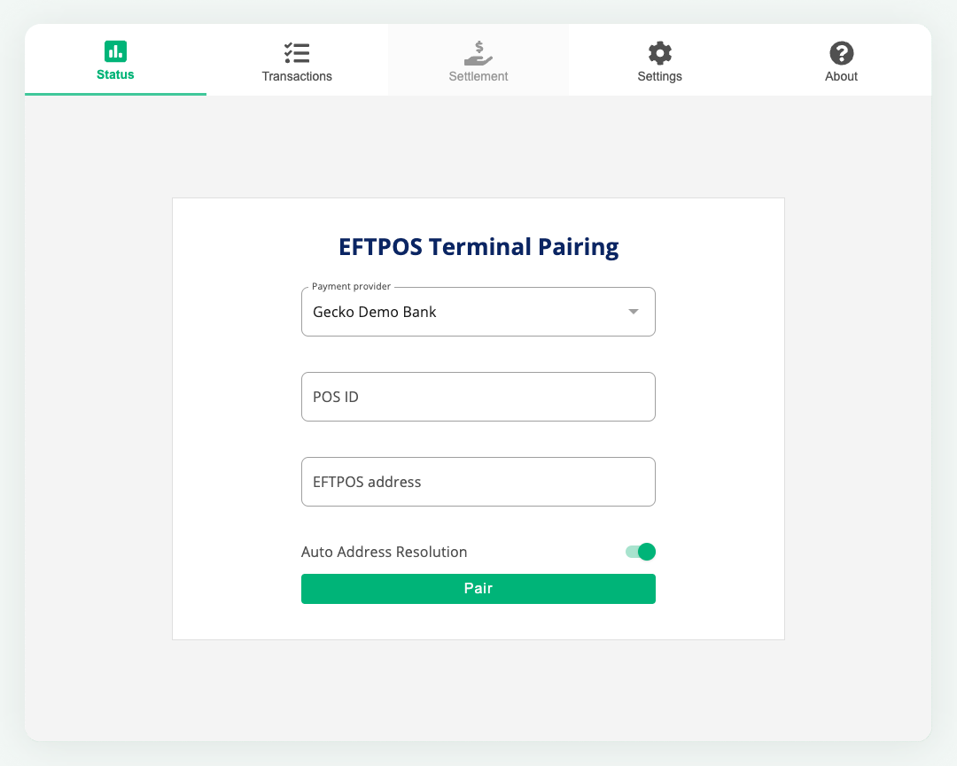 The 'EFTPOS terminal pairing' page of the Spice UI. It is in the 'Status' tab.