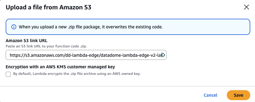 Paste the S3 location of the lambda