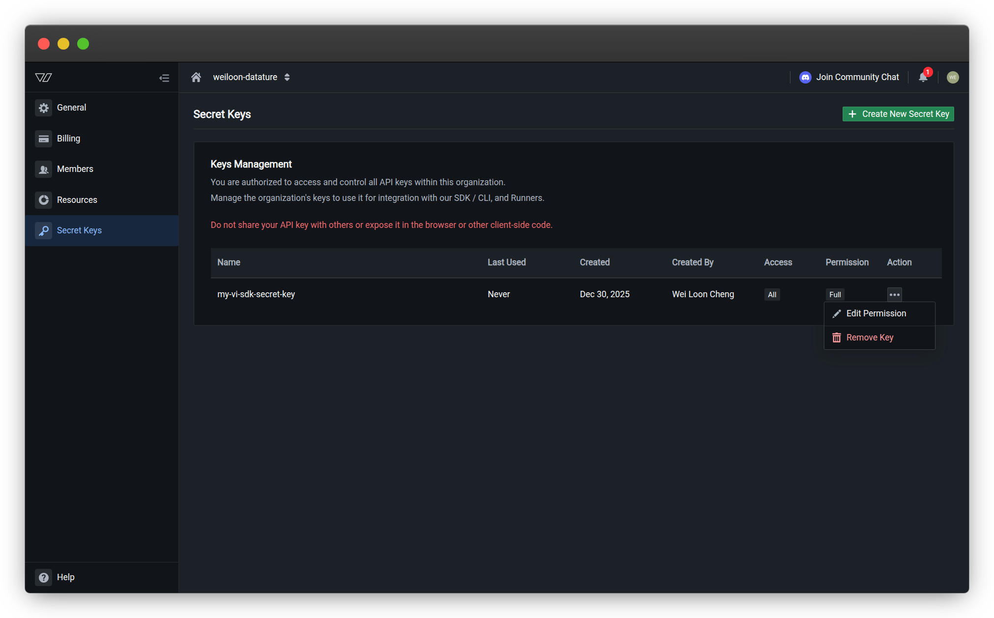 Secret key action menu showing Remove Key option