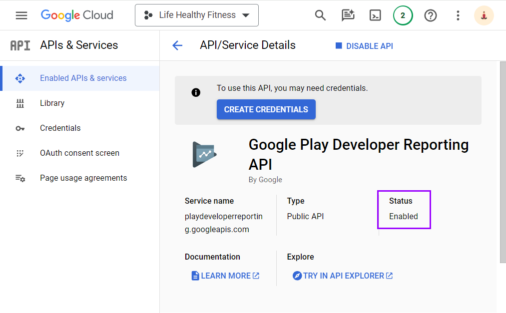 Google Play Developer Reporting API is enabled
