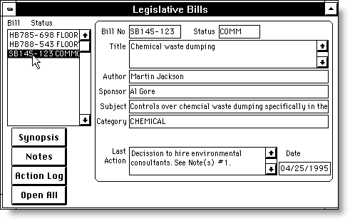 Legislative Bills window
