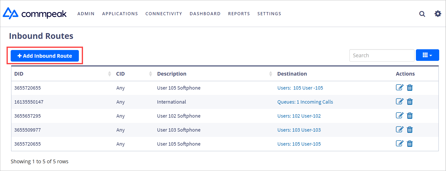 Screenshot of the **+ Add Inbound Route** button