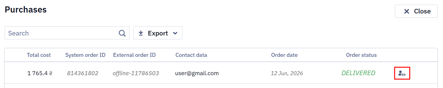 Contact card preview button in the purchases list