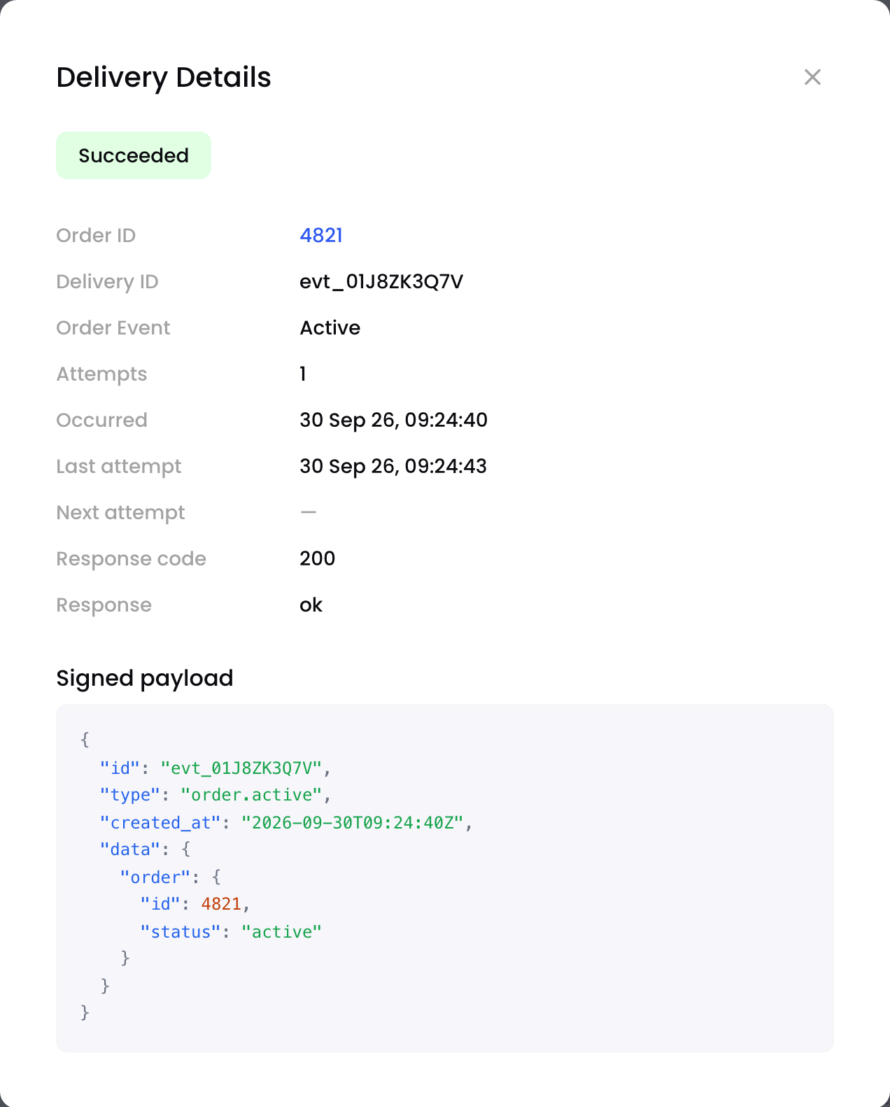 The Delivery Details pop-up with the signed payload