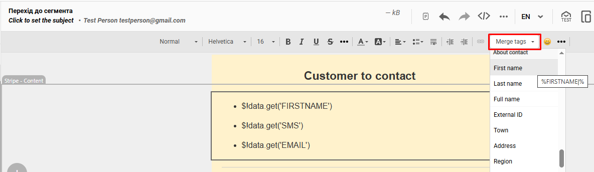 Merge tags section of the message editor