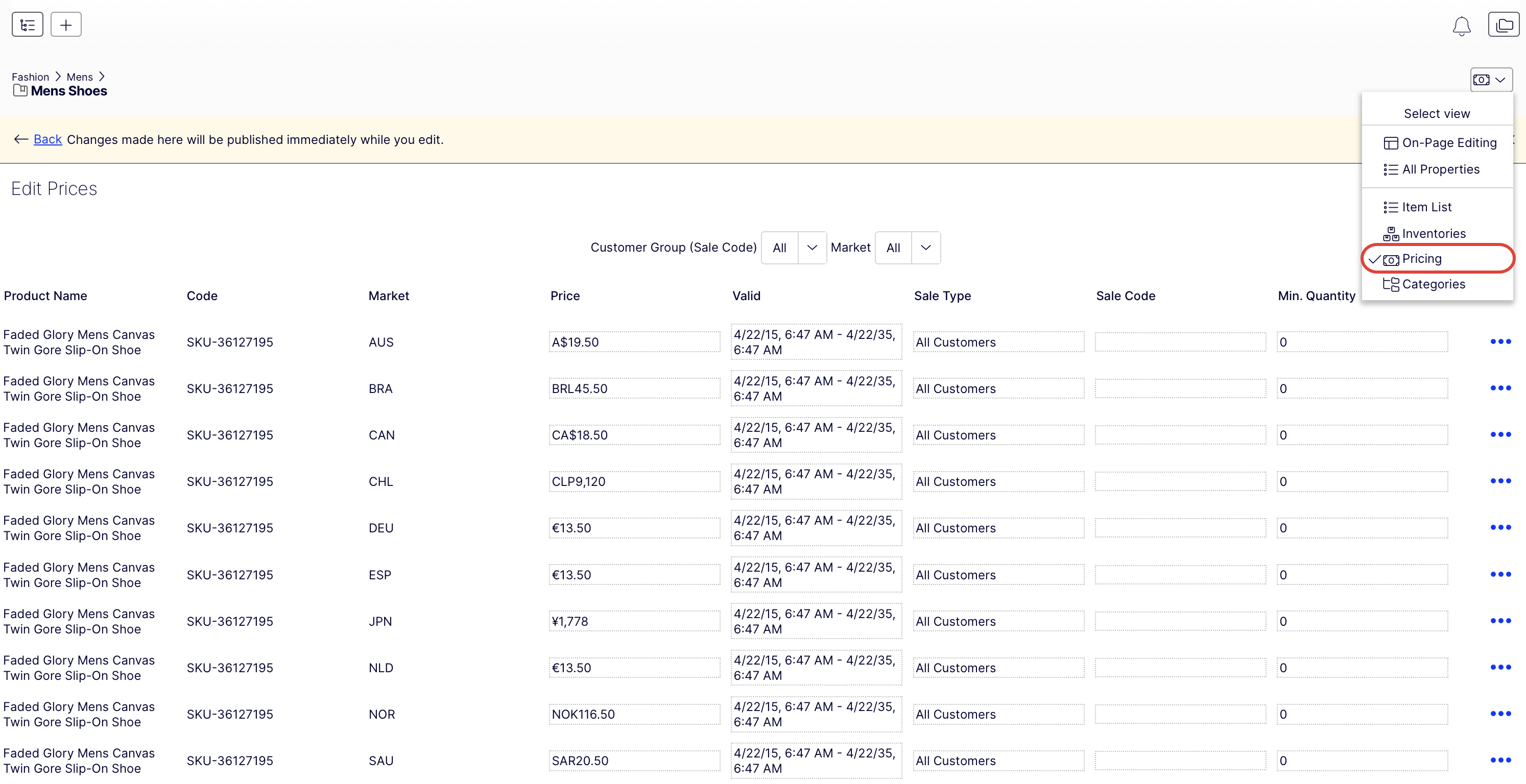 Screenshot of the Edit Prices view in Optimizely Commerce Connect showing the pricing table with Market, Price, Valid, Sale Type, and Sale Code columns.