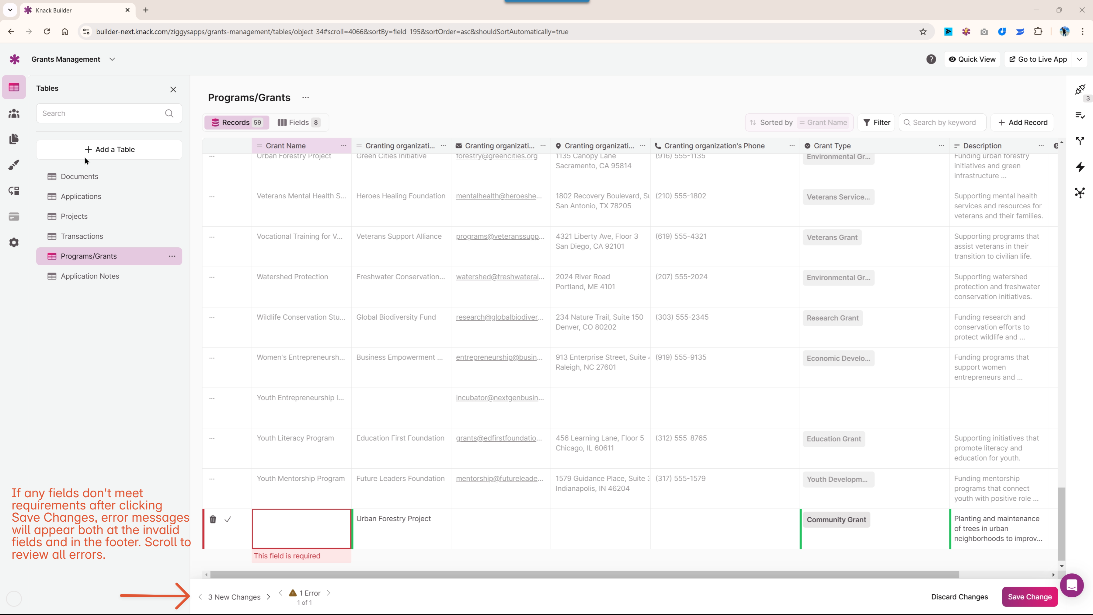 Address errors prior to saving