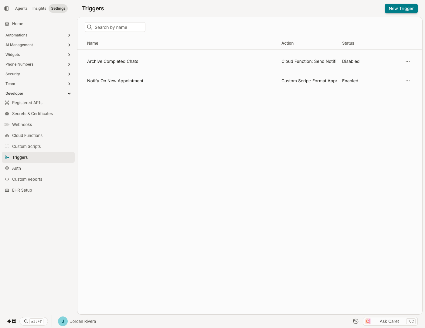 The Triggers list: each trigger shows its action (Custom Script or Cloud Function) and enabled/disabled status.