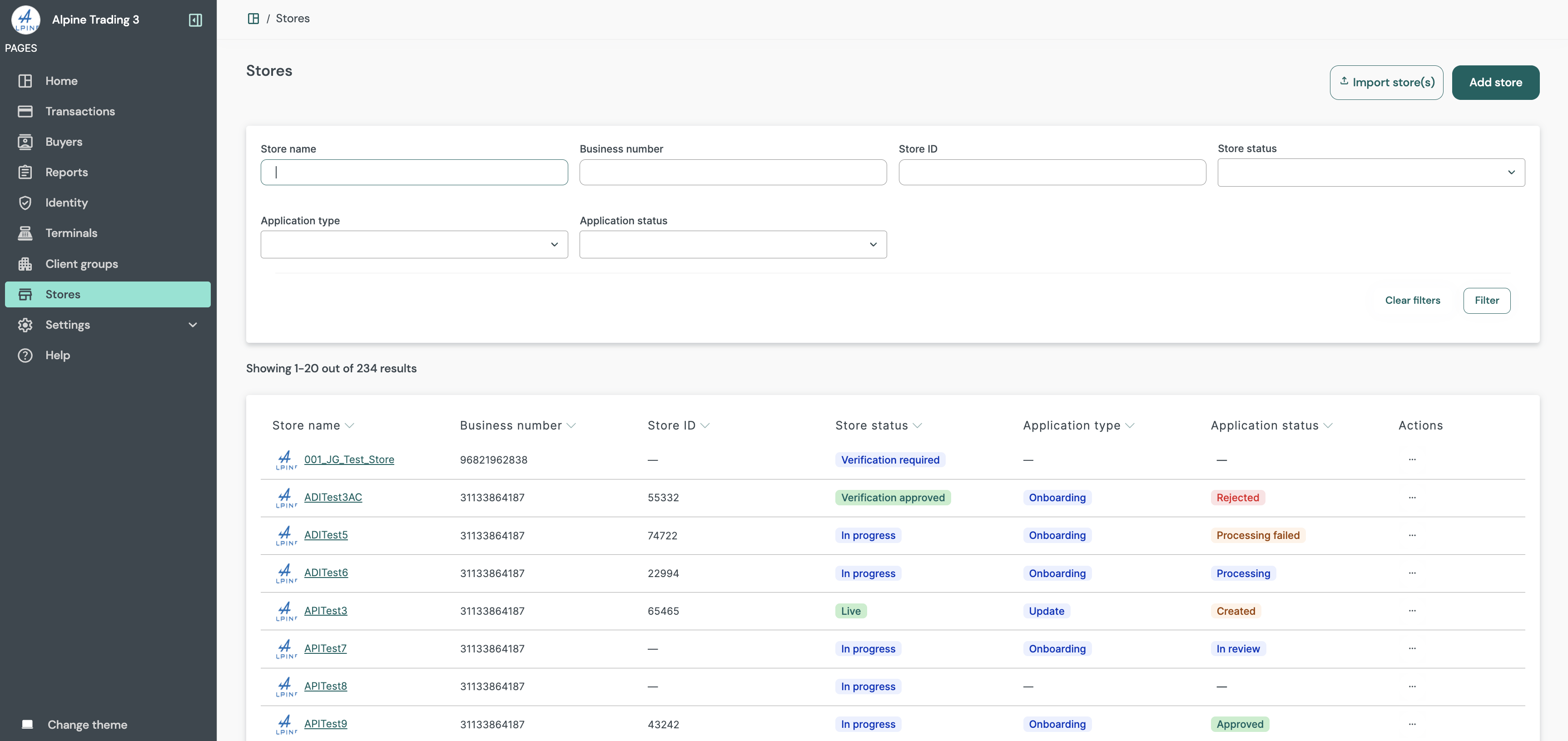 Store listing (Trading Account view)