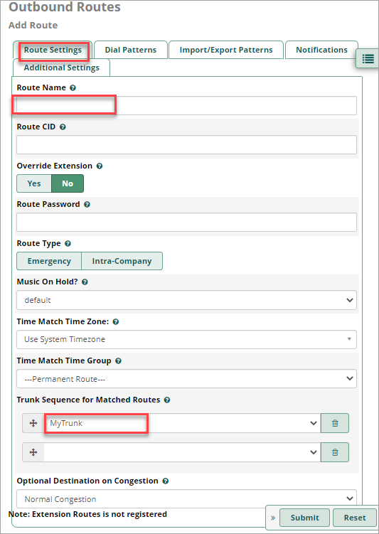 Screenshot of Outbound route settings