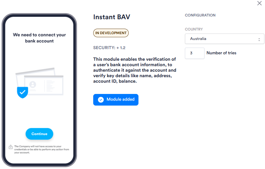 Image of Instant BAV module configuration in Flows. Has two configuration options.