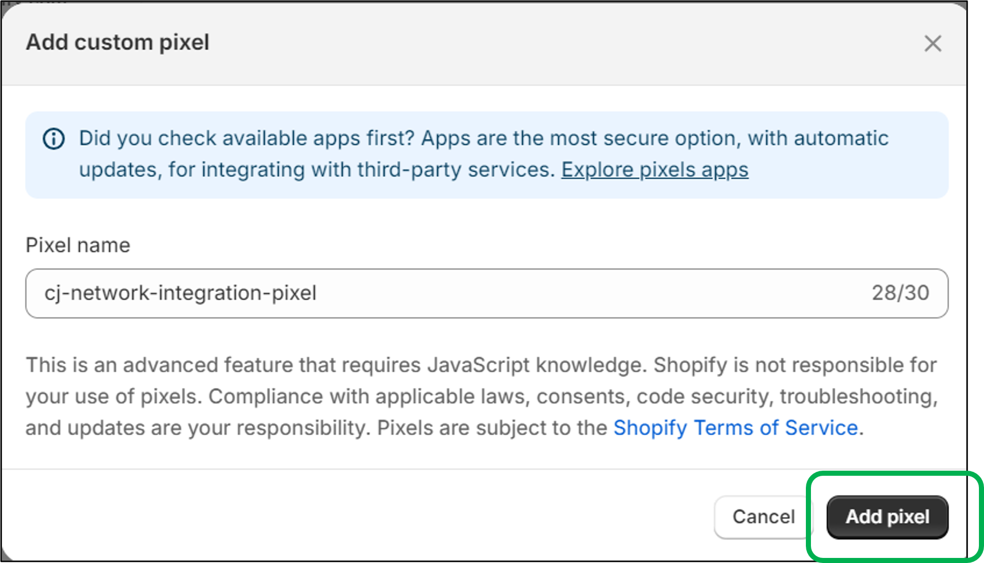 Create pixel named cj-network-integration-pixel