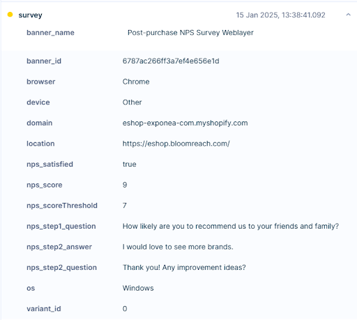 Survey event details showing stored NPS score and customer answers in Bloomreach Engagement