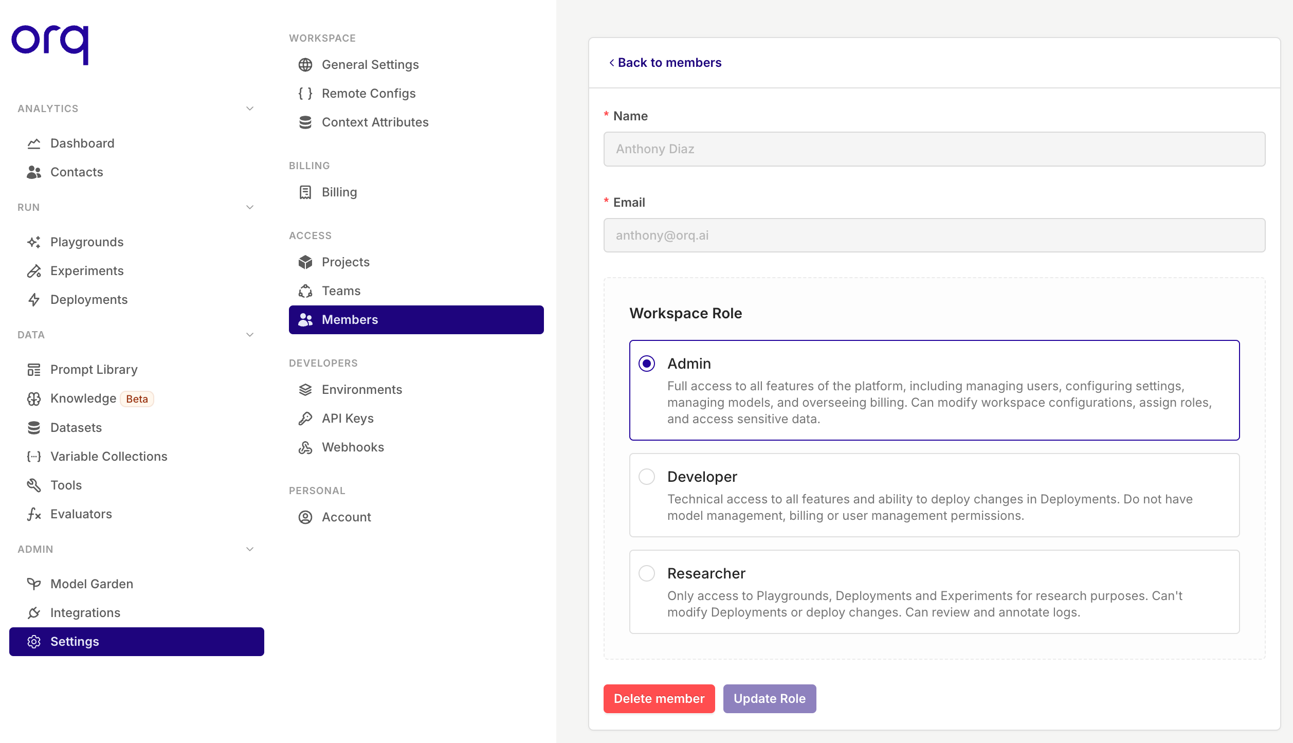 The workspace roles within the Orq.ai panel