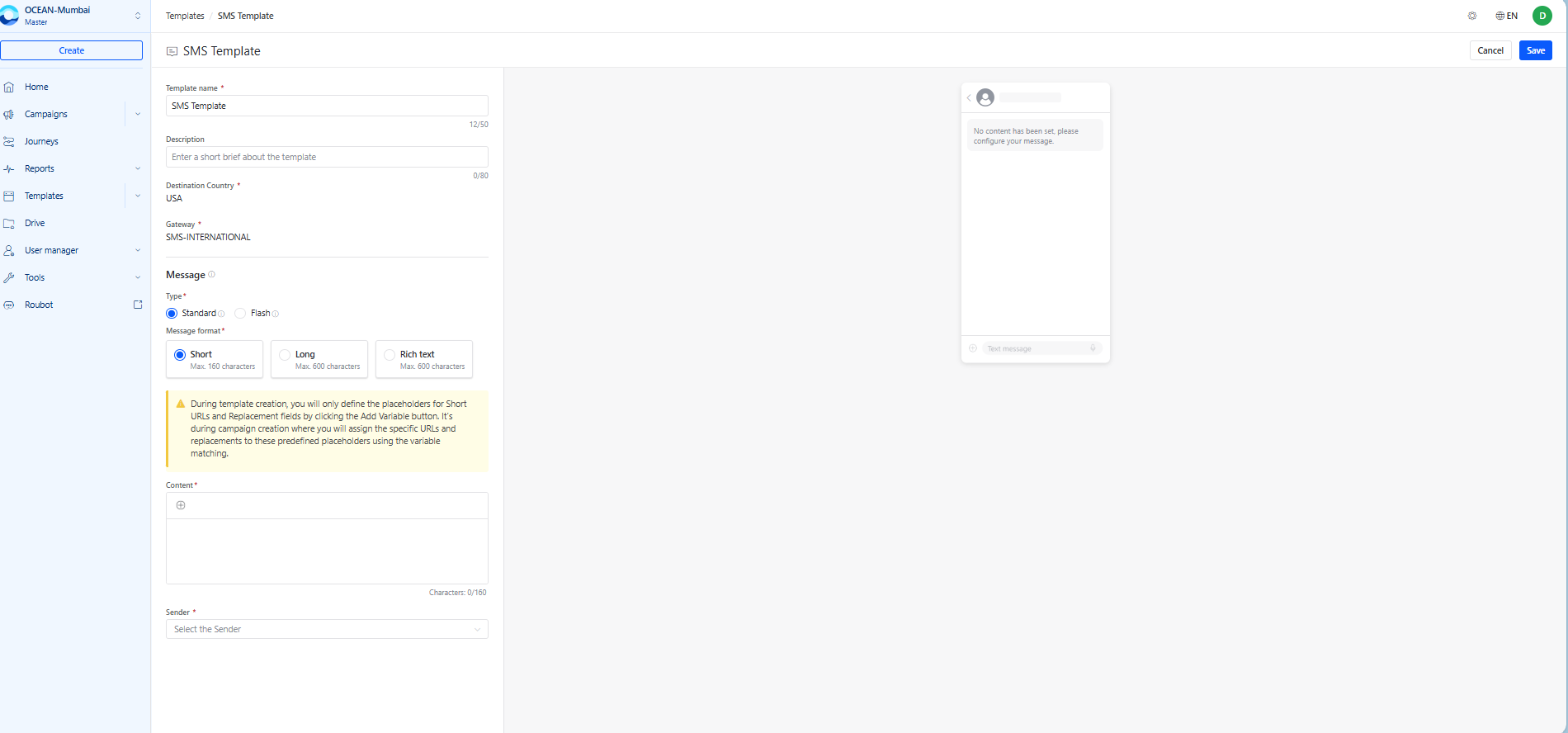 Configure country-specific SMS template content and sender