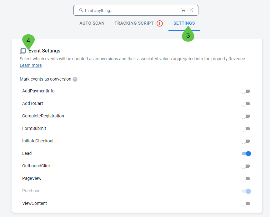 Find the events available for aggregation on the Settings tab of the Property Settings.