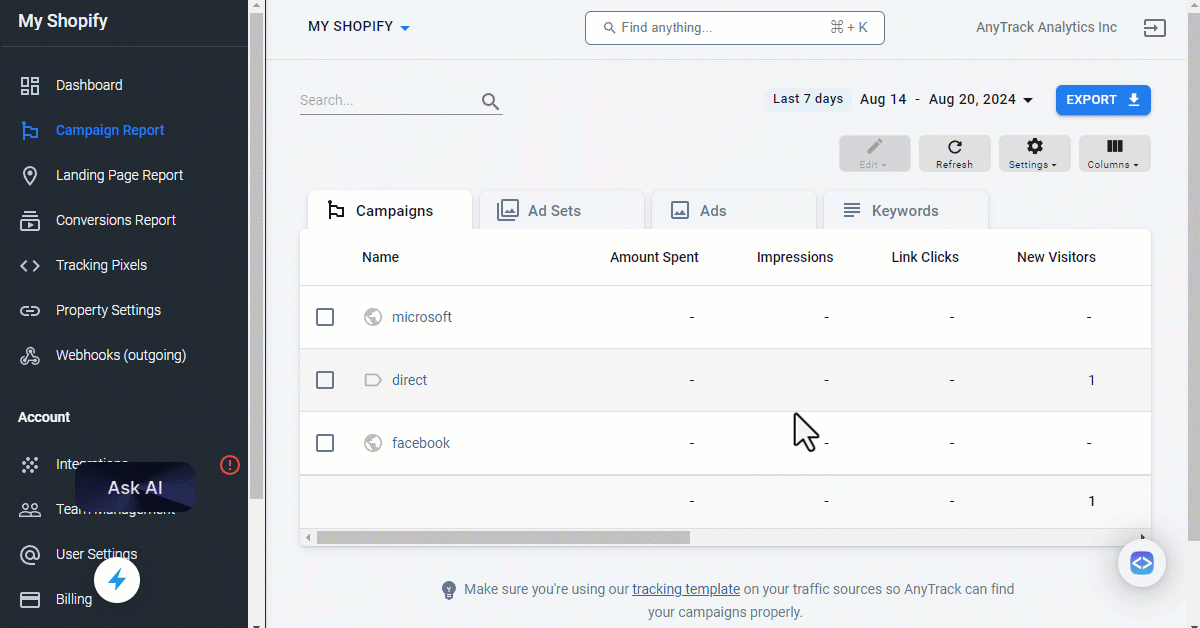 Use Columns to add metrics to the Campaign Report.