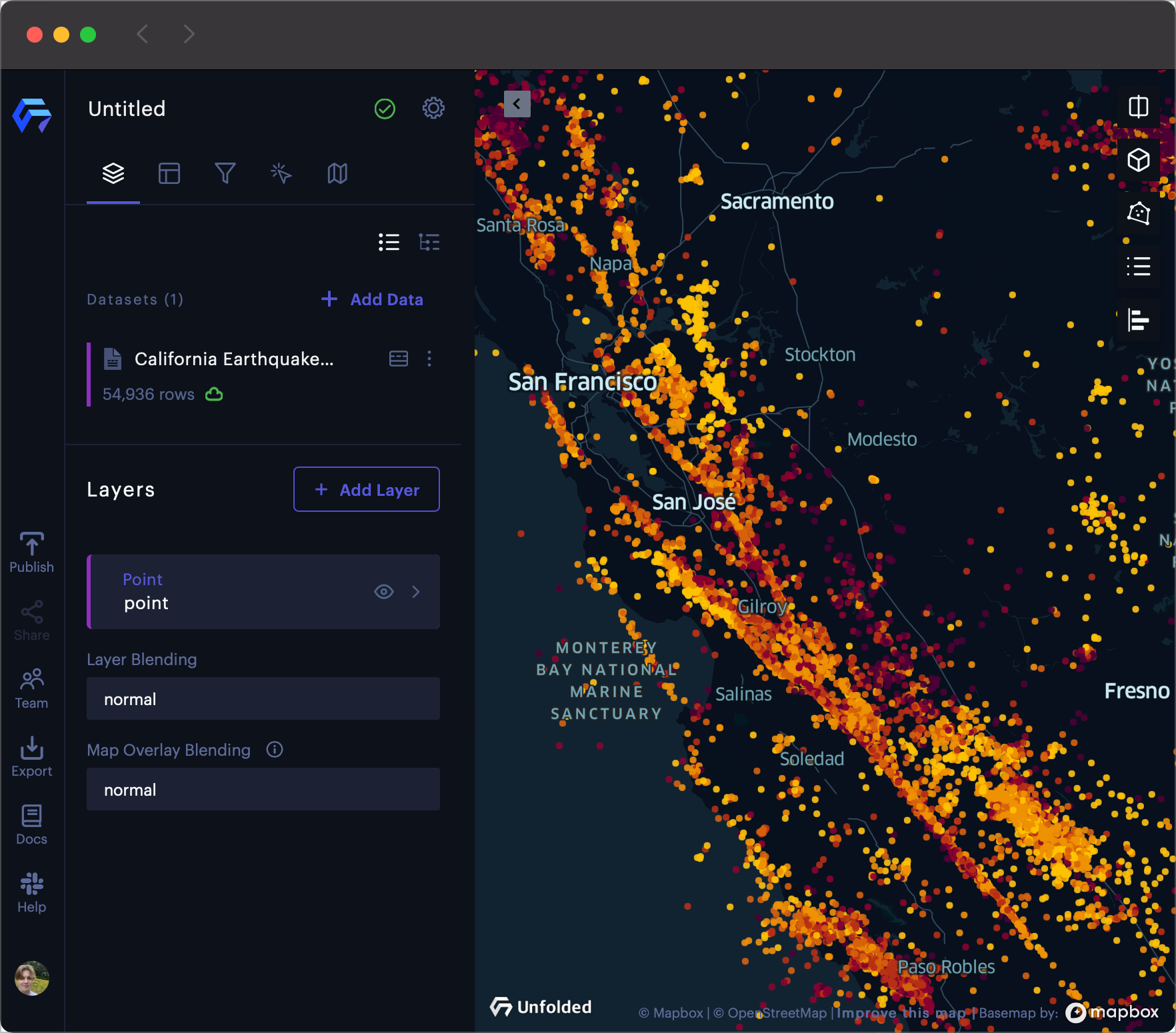 Earthquake data automatically visualized in Foursquare Studio.