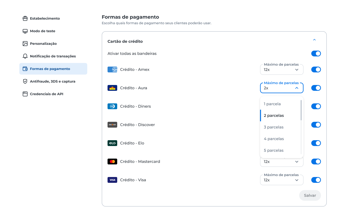 Tela da página Formas de Pagamento com opções para cartões, carteiras digitais, Pix, boletos e descontos