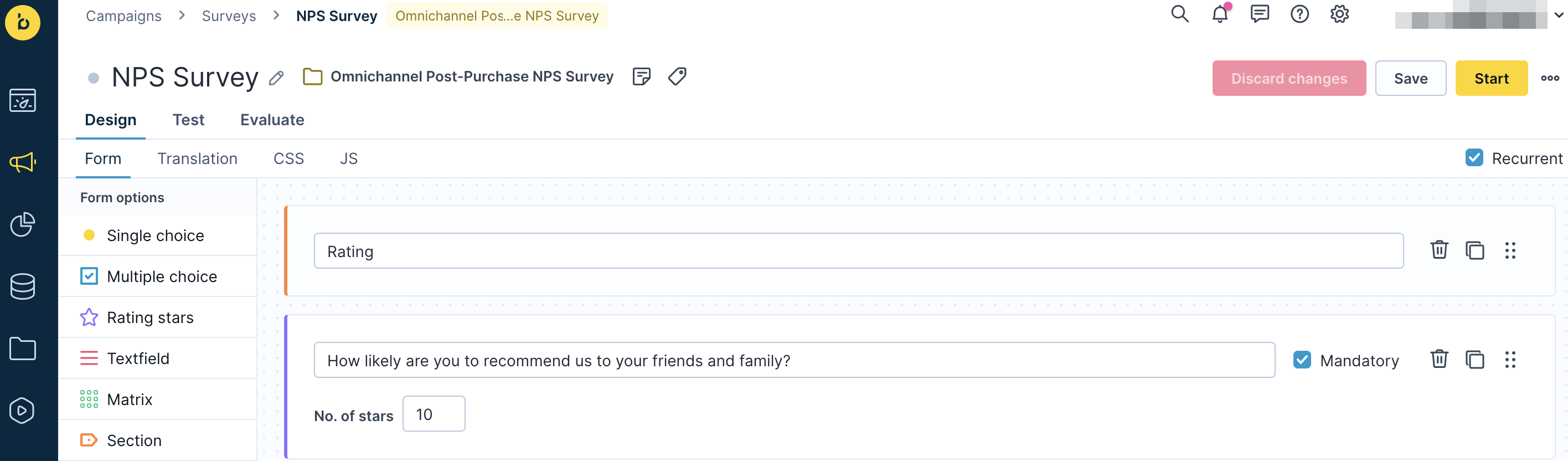 NPS survey question setup in Bloomreach Engagement survey editor