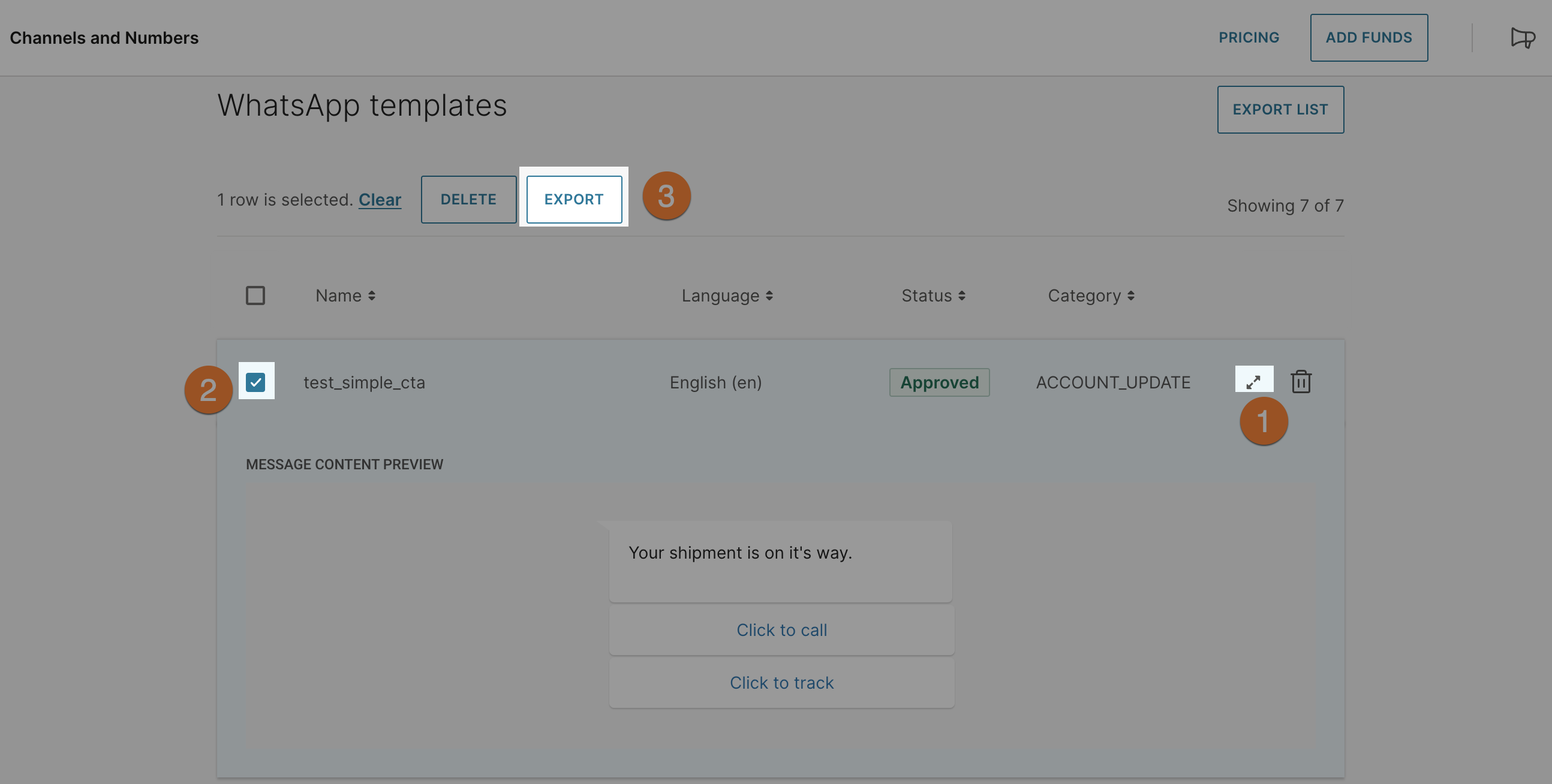 Screen shows how to expand, select and export a WhatsApp Template and save it on your local machine