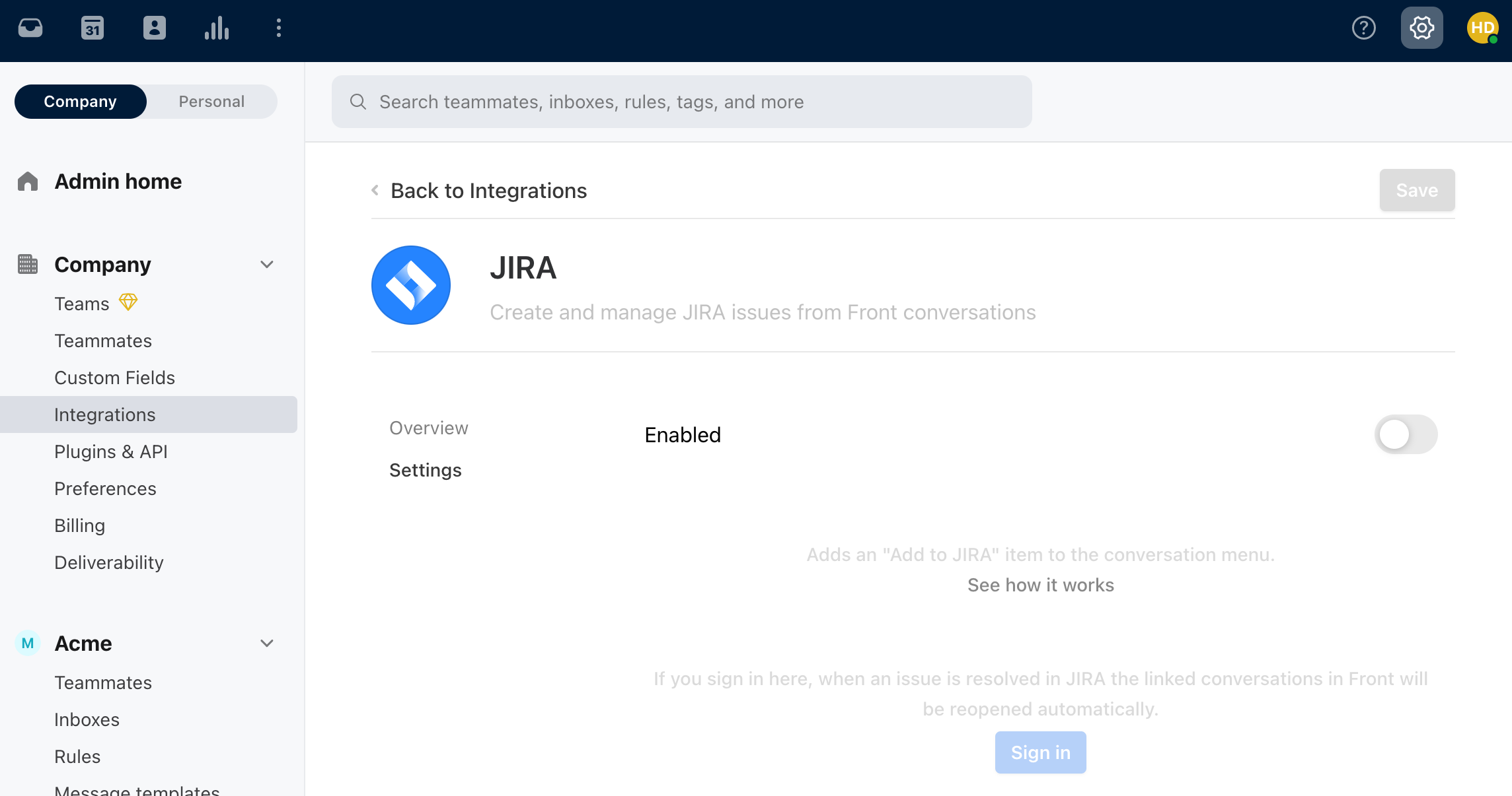Settings integration page for Jira