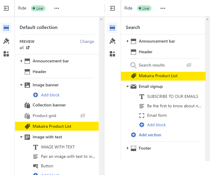 Makaira Product List on Default collection and Search