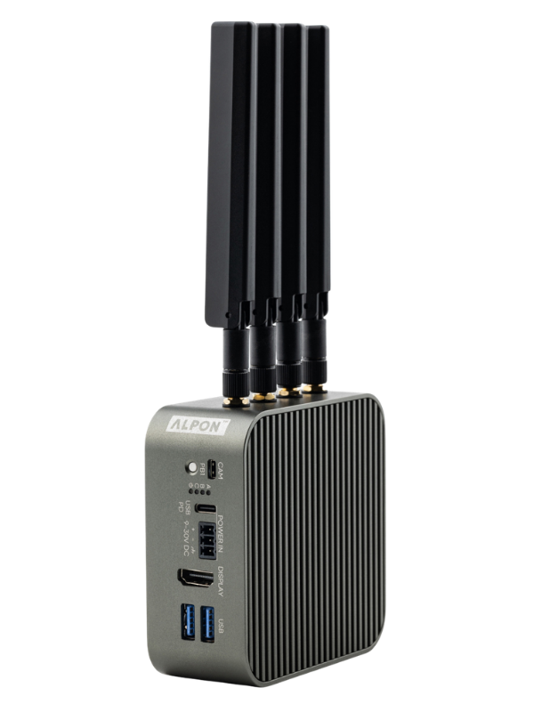 Sixfab ALPON X5 AI industrial edge AI computer with cellular and Wi-Fi antennas mounted on a rugged aluminum enclosure