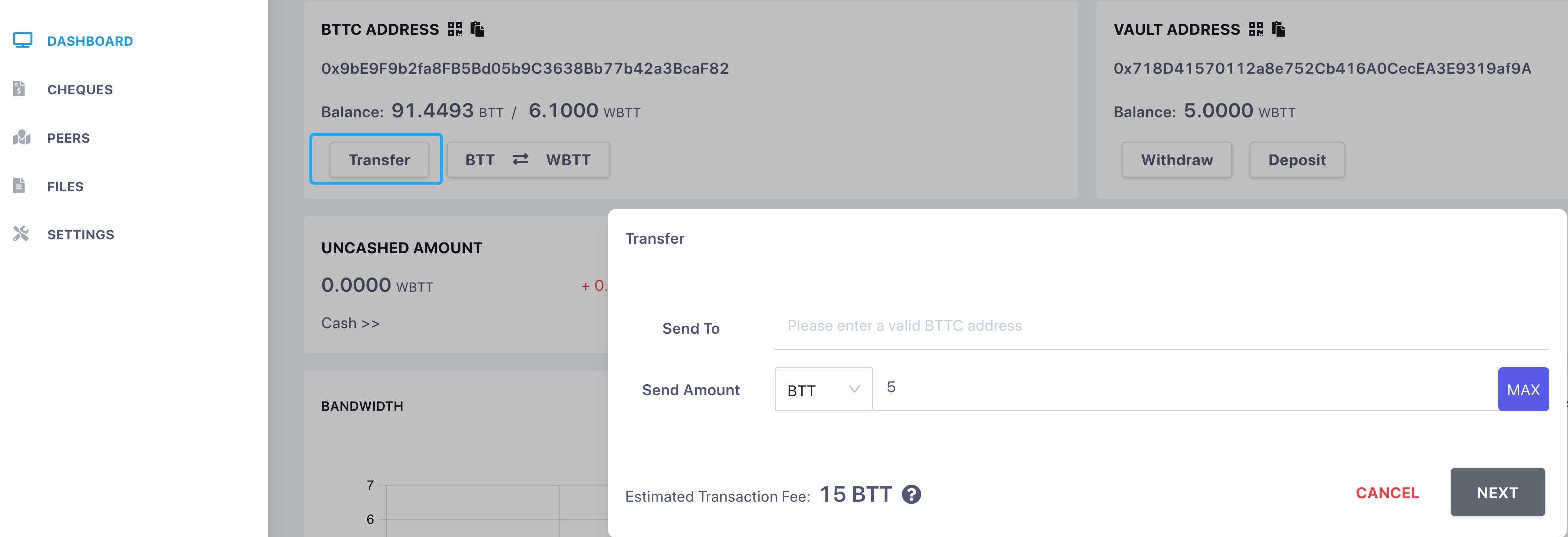 Transfer BTT to external BTTC address