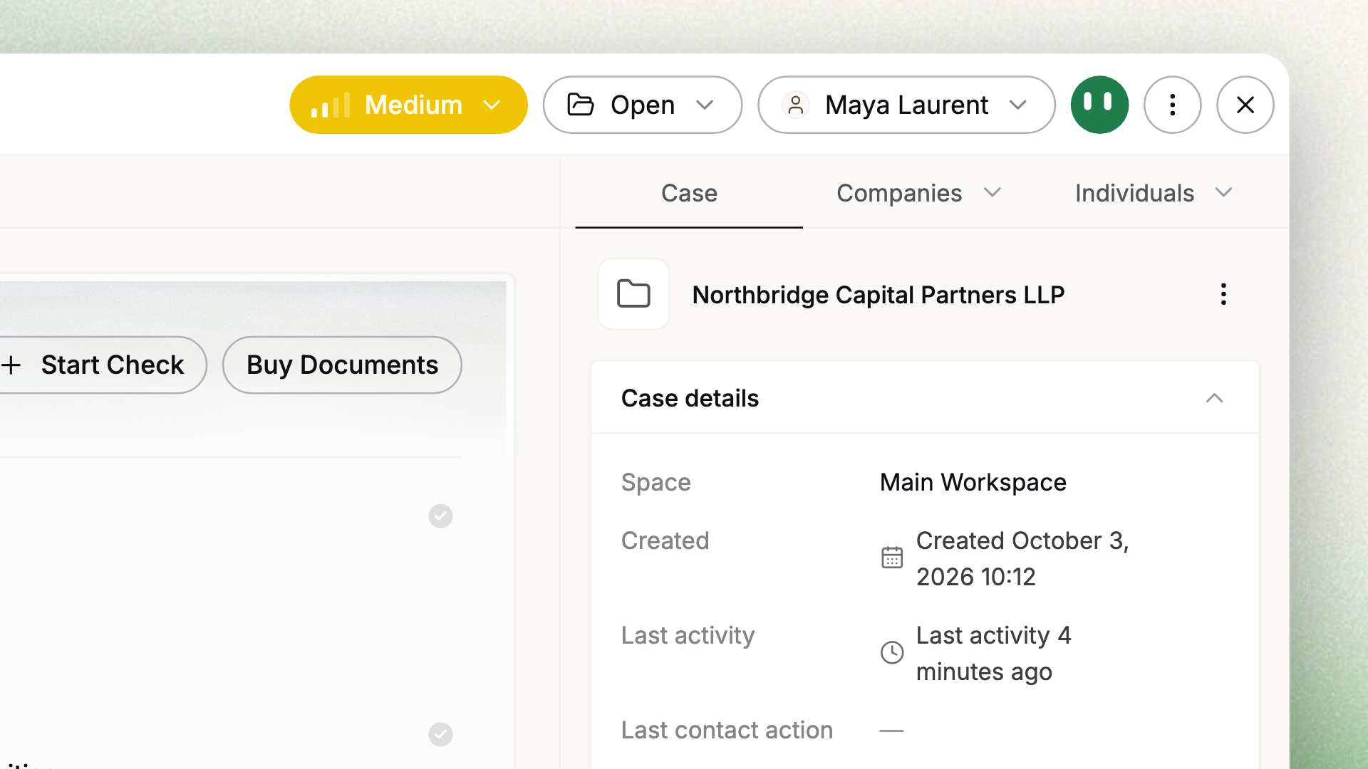 The case header: risk, status, assignee and actions