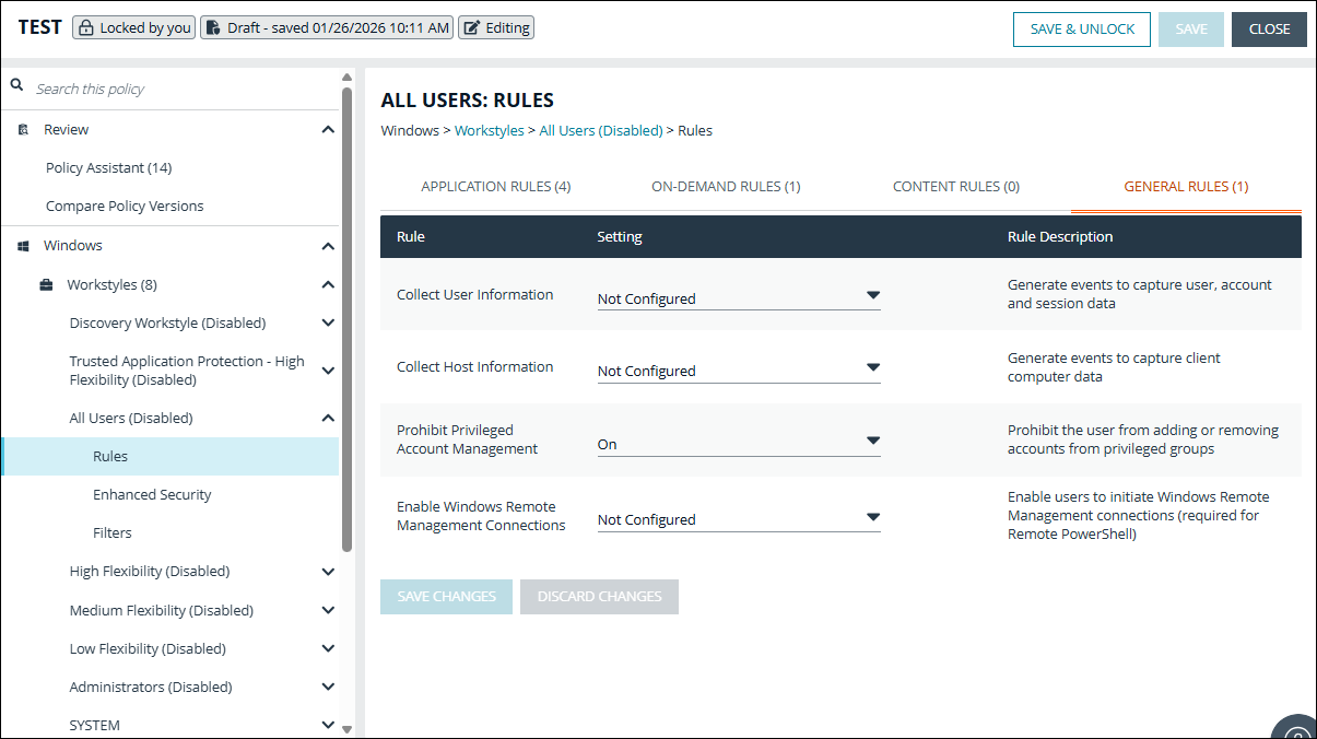 Setting General rules on a Windows policy in EPM Policy Editor