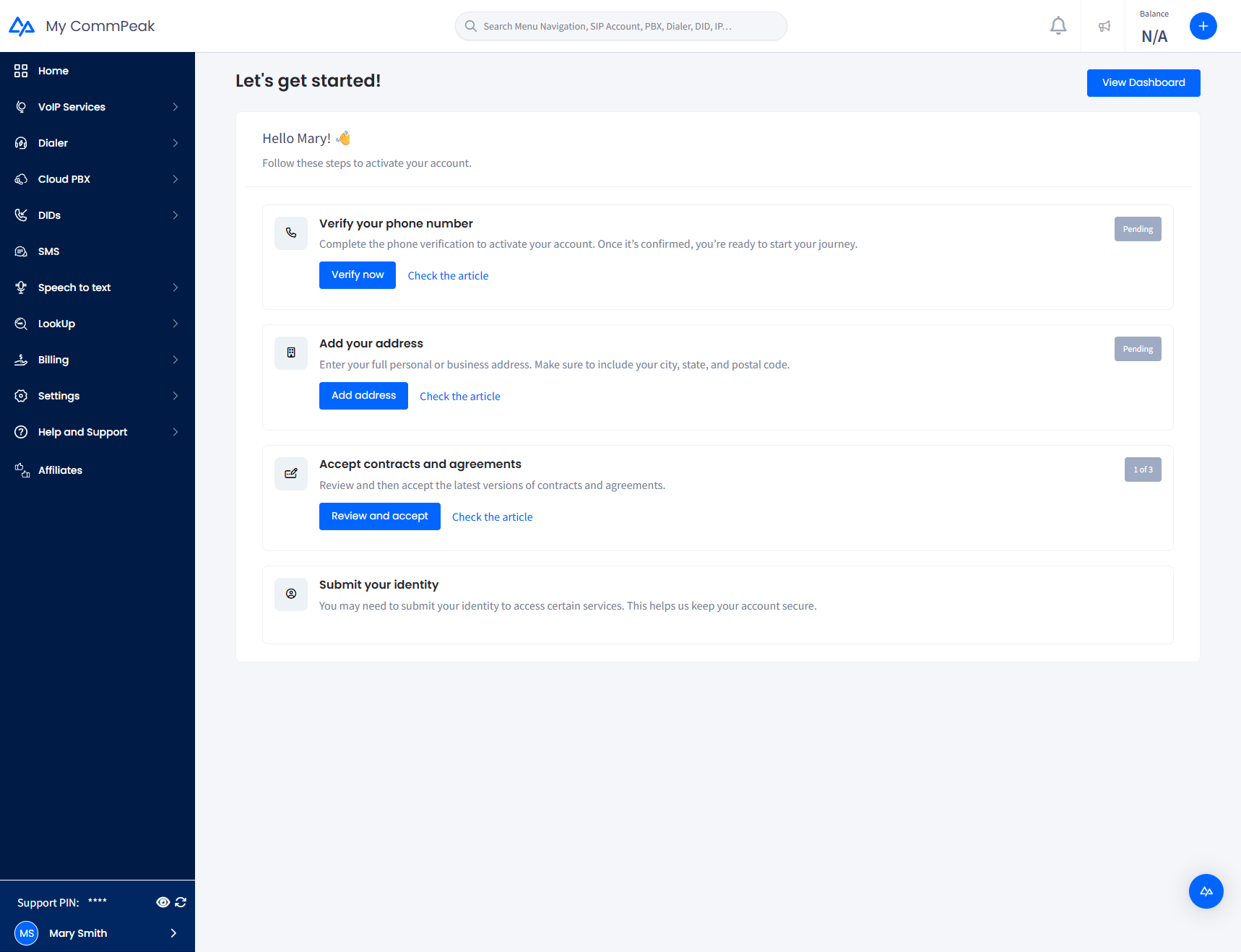 Screenshot of the onboarding dashboard