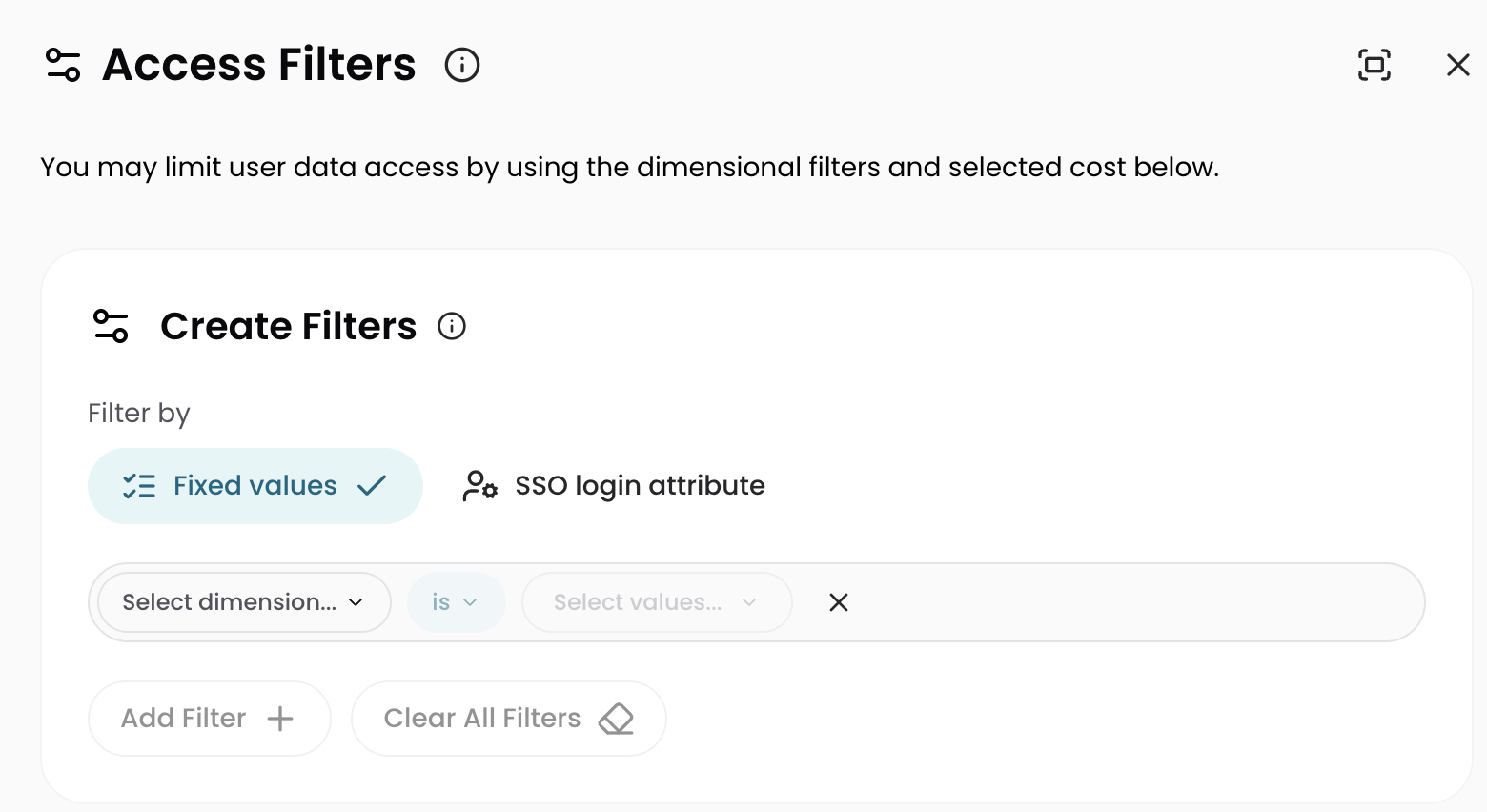 Fixed values and SSO login attribute filter options when creating a Limited Access Role