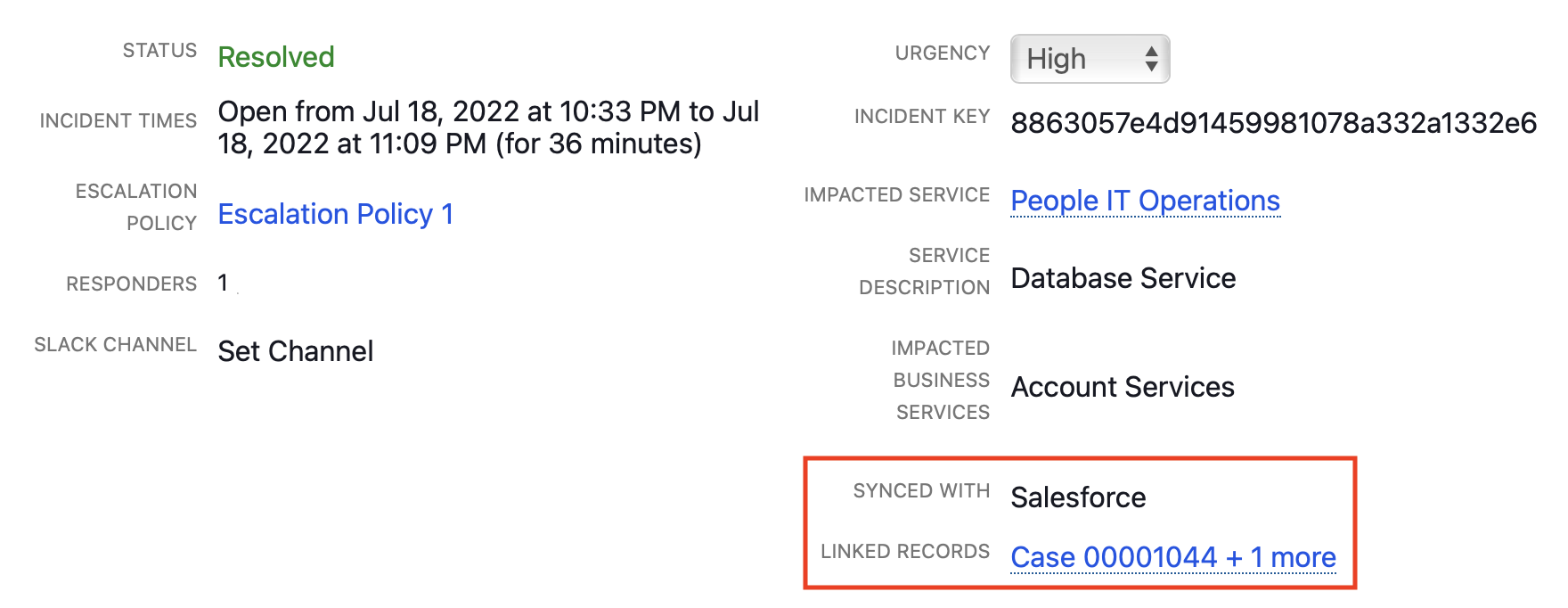 A screenshot of the PagerDuty web app UI detailing a linked Salesforce record on an incident's details page