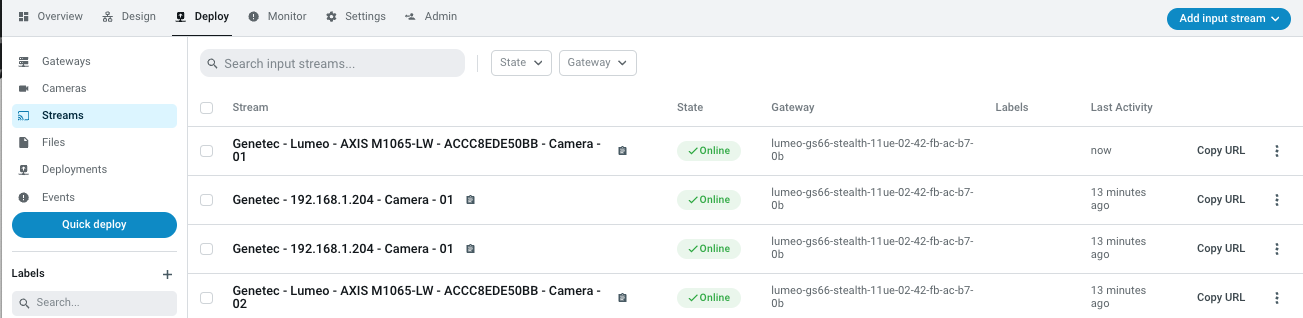 Lumeo web console -> Deploy -> Streams now shows Genetec imported streams.