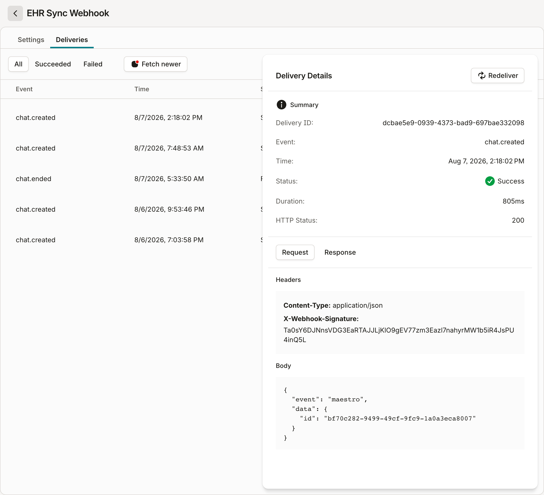 The Deliveries tab with a delivery expanded: status, duration, HTTP status, the signed request headers and body — and the Redeliver button.