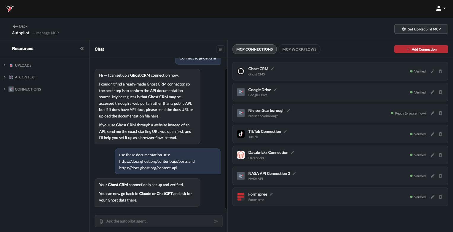 The Manage MCP page: the Resources panel, the setup chat, and the MCP CONNECTIONS tab