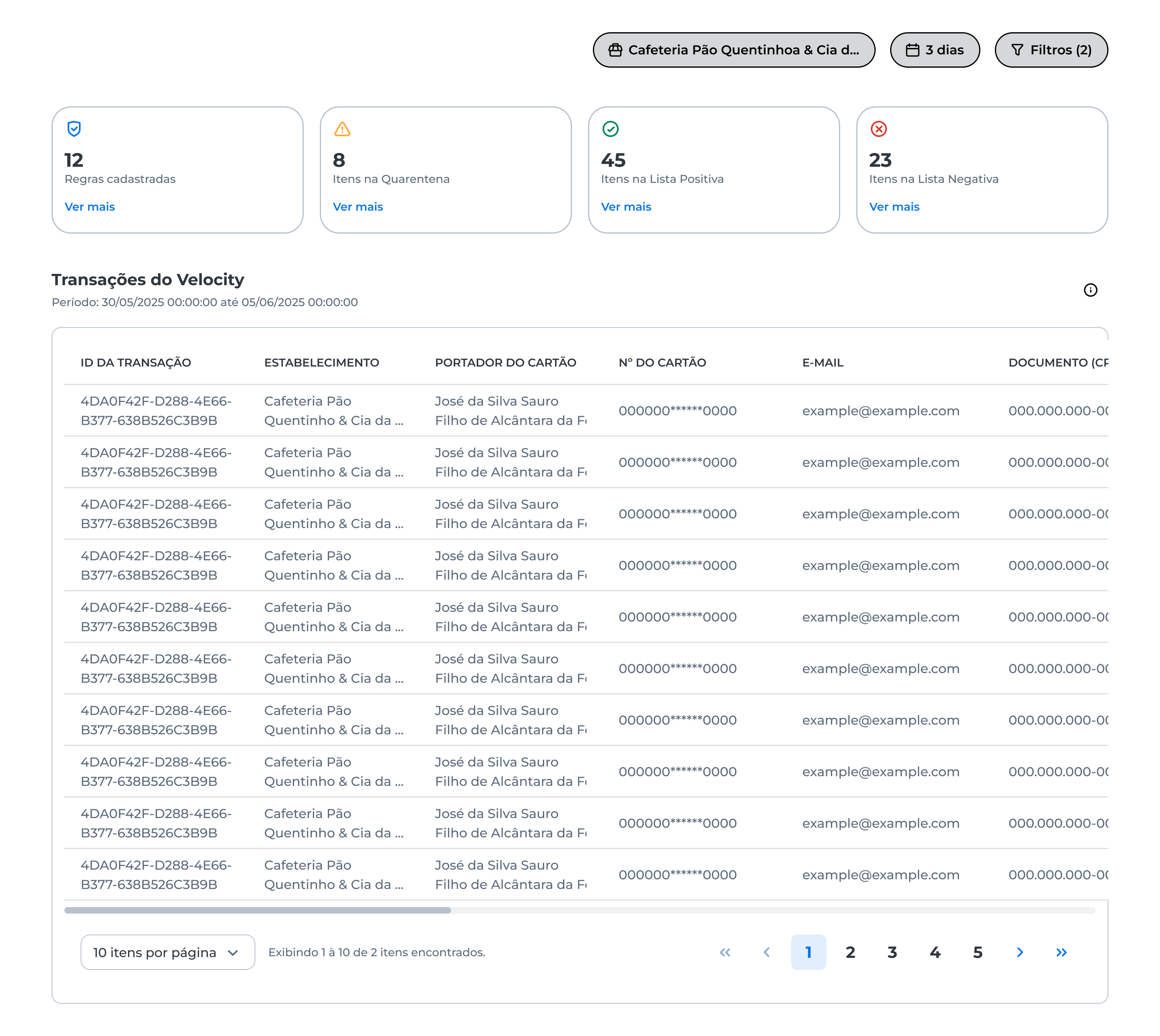 tela de transações velocity