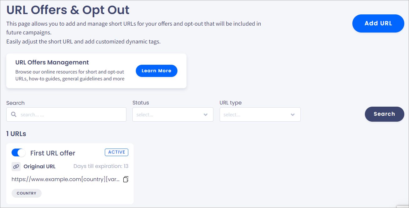 URL Offers & Opt Out page