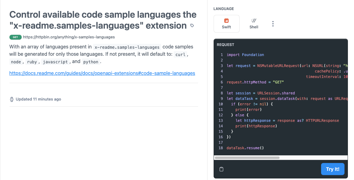 Screenshot of the API Explorer with "x-readme.sample-languages" set to Swift; note the Swift language shows up first above the code snippet.