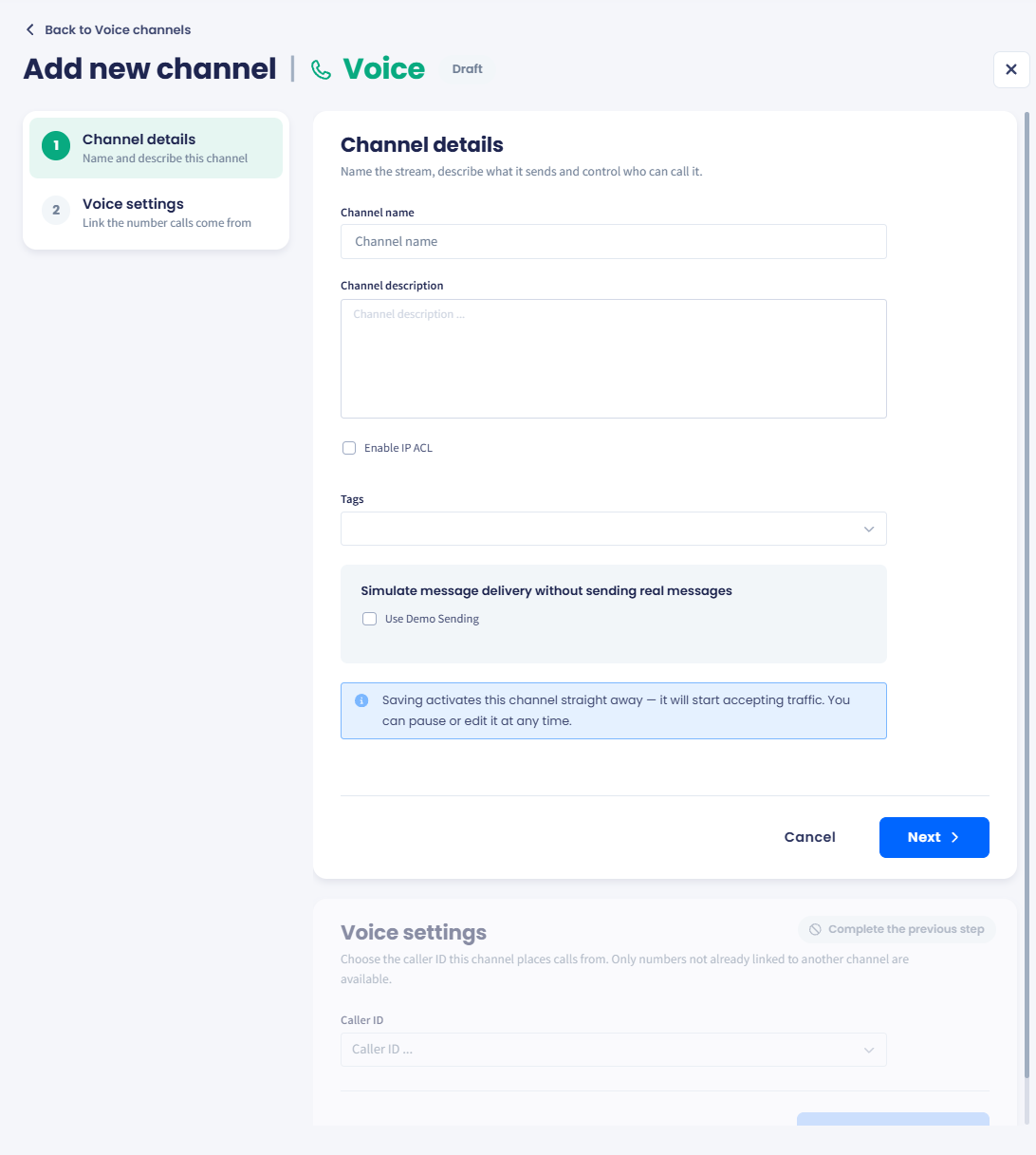 Channel details step of the Add new channel form for Voice