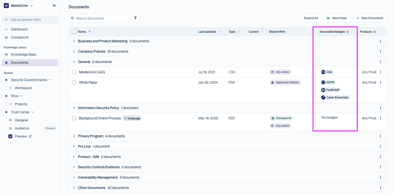 Documents page showing the table view with an “Associated Badges” column displaying badge icons (CSA, GDPR, FedRAMP, Cyber Essentials) for some documents and a “No badges” label for others.