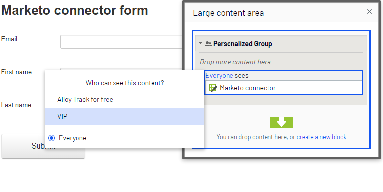 Screenshot of the personalization dialog where selecting the VIP visitor group to target the form