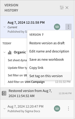 The same recently published view described in the version history, with the more menu open and hovering over the option to Set tag on this version.